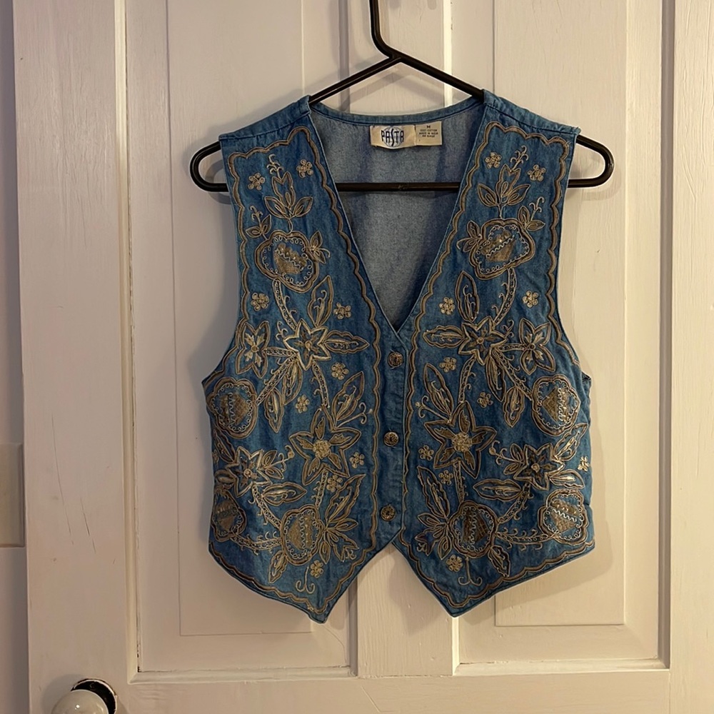 Vintage Denim Floral Embroidered Vest Western Style At The Waist Size M